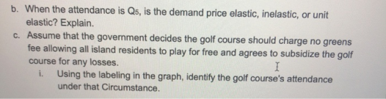b. When the attendance is Q5, is the demand price elastic, inelastic, or unit elastic? Explain. C. Assume that the government