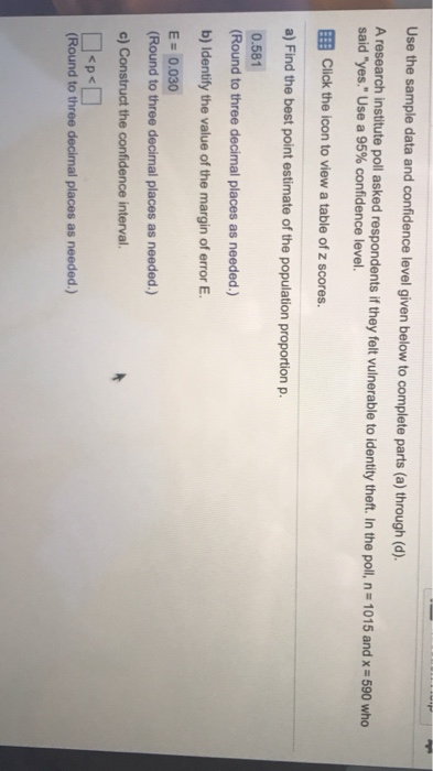 Use the sample data and confidence level given below to complete parts (a) through (d). A research institute poll asked respo