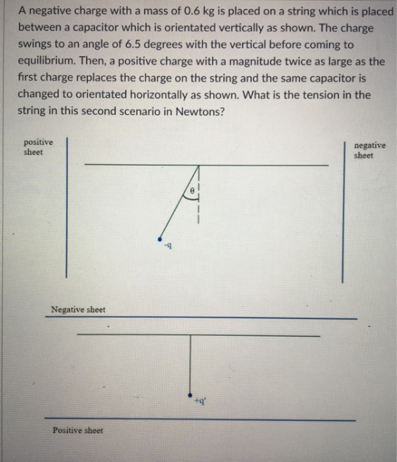 A negative charge with a mass of 0.6 kg is placed on a string which is placed between a capacitor which is orientated vertically as shown. The charge swings to an angle of 6.5 degrees with the vertical before coming to equilibrium. Then, a positive charge with a magnitude twice as large as the first charge replaces the charge on the string and the same capacitor is changed to orientated horizontally as shown. What is the tension in the string in this second scenario in Newtons? positive sheet negative sheet -q Negative sheet tq Positive sheet