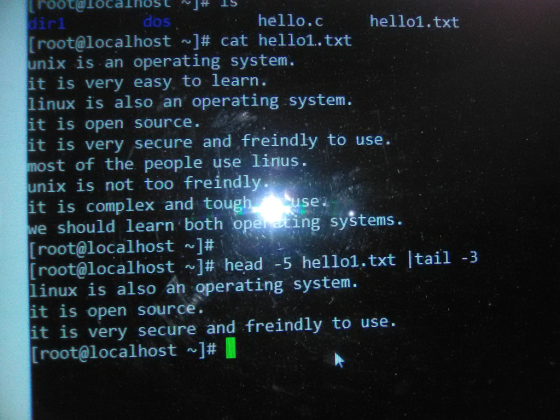rootalocalhost 15 dirldos hello.c hello1.txt [root@localhost ~]# cat hello1.txt unix is an operating system. it is very easy