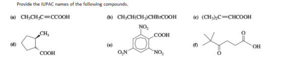 Provide the IUPAC names of the following compounds. (a) CH2CH2C=CCOOH (b) CH2CH(CH3)CHBCOOH (c) (CH3)2C=CHCOOH NO2 CH, COOH d
