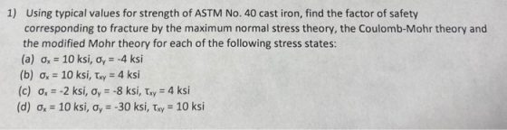 1) Using typical values for strength of ASTM No. 40 cast iron, find the factor of safety corresponding to fracture by the max