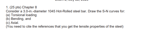 1. (25 pts) Chapter 8 Consider a 3.0-in.-diameter 1045 Hot-Rolled steel bar. Draw the S-N curves for: (a) Torsional loading (