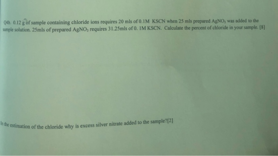 046. 0.12 g of sample containing chloride ions requires 20 mls of O.IM KSCN when 25 mis prepared AgNO, was added to the Sampl