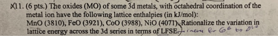 X11. (6 pts.) The oxides (MO) of some 3d metals, with octahedral coordination of the metal ion have the following lattice ent