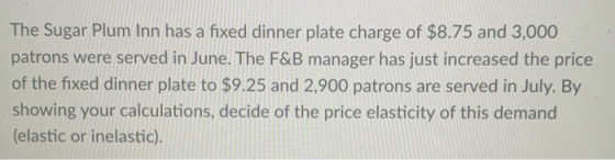 The Sugar Plum Inn has a fixed dinner plate charge of $8.75 and 3,000 patrons were served in June. The F&B manager has just i