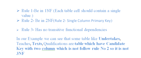 Rule 1-Be in INF (Each table cell should contain a single value.) Rule 2- Be in 2NF(Rule 2- Single Column Primary Key) Rule 3