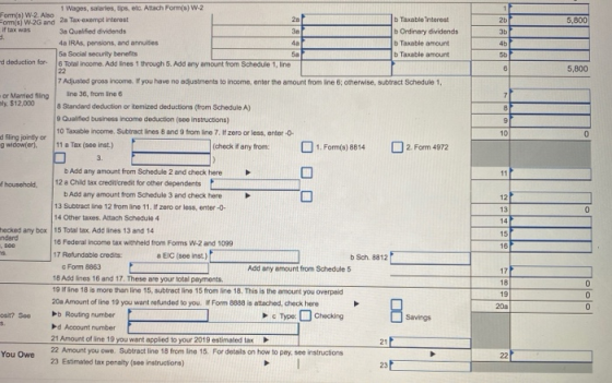 1 5,800 2b 3b 4b 5b 6 5,800 7 B 9 10 0 11 1 Wagos, salaries, tips, etc. Attach Form(s) W-2 Form(s) W-2. Also 20 b Taxable int