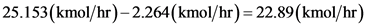 25.153(kmol/hr) - 2.264(kmol/hr) = 22.89(kmol/hr)
