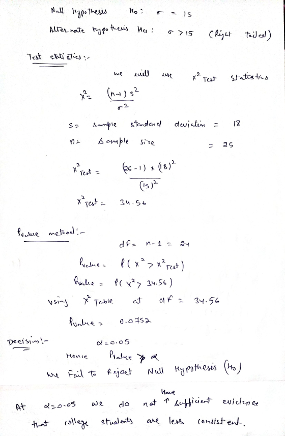Null Hypothesis ho? o IS Alternate hypothesis ha: o > 15 (Right tailed) Test statistics: we will use x2 Test statistics 2 x?