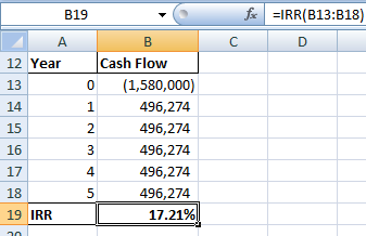 B19 for IRR(B13:B18) D C 12 Year 13 0 2 15 16 17 Cash Flow (1,580,000) 496,274 496,274 496,274 496,274 496,274 17.21% 18 19 I