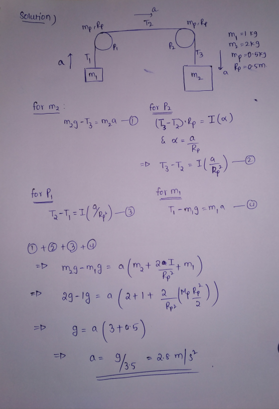 Solution) T2 mpi Rp mp. Rp m = 1 kg m=2kg Pi P2 T3 aſ I mp=0.579 Rp = 0.5m. m, m₂ for ma mag -T₂ = m₂ a 0 for P2 (73-D Rp = I