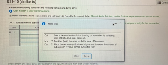 E11-16 (similar to) E Quest TransWorld Publishing completed the following transactions during 2018: (Click the loon to view t