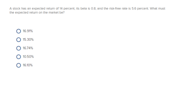 A stock has an expected return of 14 percent, Its beta Is 0.8, and the risk-free rate is 5.6 percent. What must the expected return on the market be? О 16.91% О 15.30% 16.74% О 10.50% О 16.10%