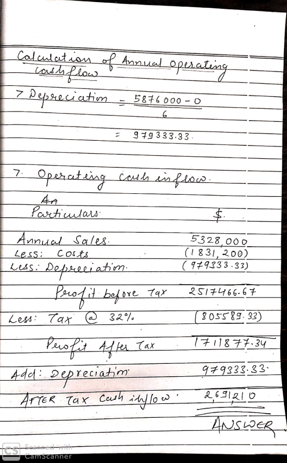 Calculation of Annual operating cash flow > Depreciation - 5876000 - 0 = 979 333.33 7. Operating cards sirflow . AA Particula