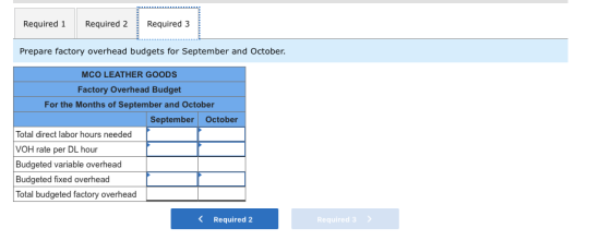 Required 1 Required 2 Required 3 Prepare factory overhead budgets for September and October MCO LEATHER GOODS Factory Overhea