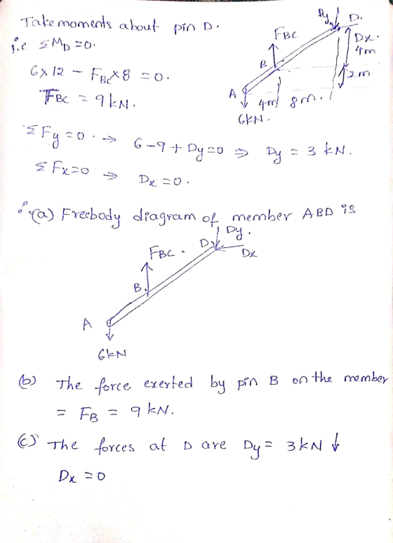 pin D. Take moments about se smo=o. 6x12 - FBX8 -0. FBC 39kN. ele 850. V 4m 8m.l GEN: 2 Fy=0 - 6-9 + Dy zo » Dy = 3 kN EFxzo