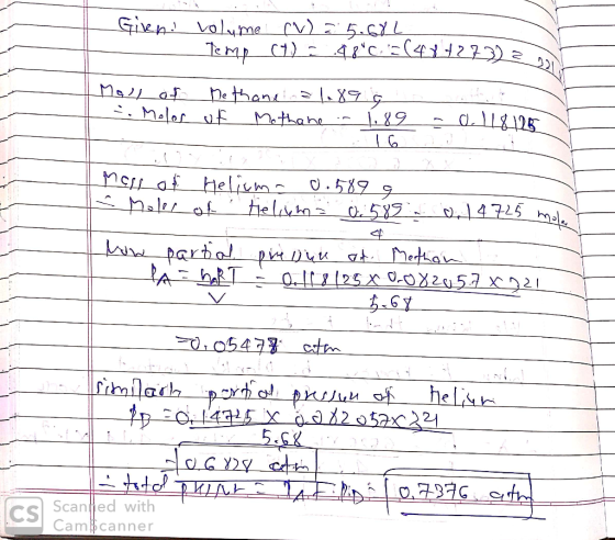 Giveni volume (V) 25.60L - Temp (1) 2.9896.(48727322 Moll of Methane21.89 G Molor of Mothane in 1.89 0.118125 Moll of Helium