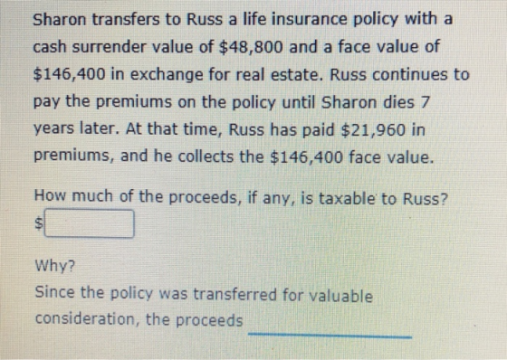 Sharon transfers to Russ a life insurance policy with a cash surrender value of $48,800 and a face value of $146,400 in exchange for real estate. Russ continues to pay the premiums on the policy until Sharon dies 7 years later. At that time, Russ has paid $21,960 in premiums, and he collects the $146,400 face value. How much of the proceeds, if any, is taxable to Russ? Why? Since the policy was transferred for valuable consideration, the proceeds
