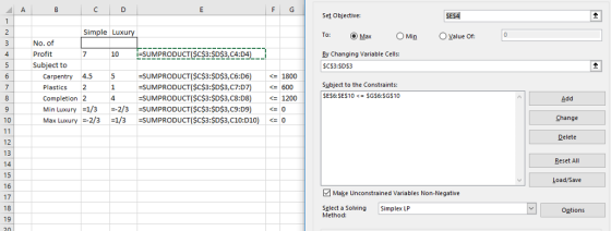 Set Objective: Simple Luxu To: O Max Value Of: No. of Profit Subject to 4 7 10SUMPRODUCTISCS3:SD$3,C4:D4.__ By Changing Varia