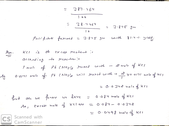 LLLLLS = 387.464 = 38.7464 To puci pidete formed = 3.815 gm with 81.44. yield. 4 -1 1 med Kol is the excess rectant : so . ar