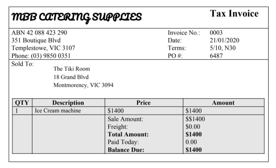 MBB CATERING SUPPLIES Tax Invoice Invoice No.: Date: Terms: PO #: 0003 21/01/2020 5/10, N30 6487 ABN 42 088 423 290 351 Bouti