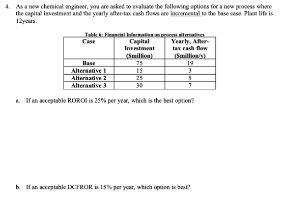 4. As a new chemical engineer, you are asked to evaluate the following options for a new process where the capital investment
