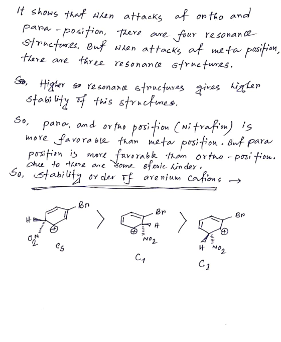 It shows that when attacks af on the and para -position, there are four resonance structures, But when attacks at me ta posit