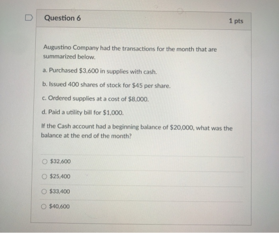 Question 6 1 pts Augustino Company had the transactions for the month that are summarized below. a. Purchased $3,600 in suppl