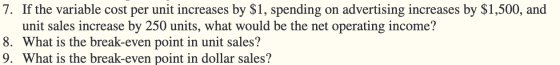 7. If the variable cost per unit increases by $1, spending on advertising increases by $1,500, and unit sales increase by 250