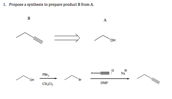1. Propose a synthesis to prepare product B from A. ^ a 13 PBT HO OH CH2Cl2 DMF
