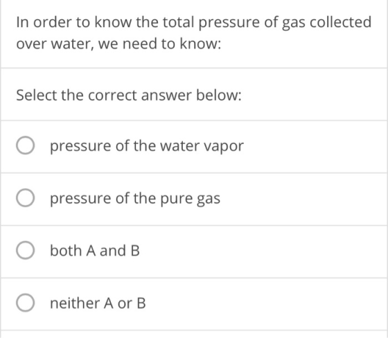In order to know the total pressure of gas collected over water, we need to know: Select the correct answer below: O pressure