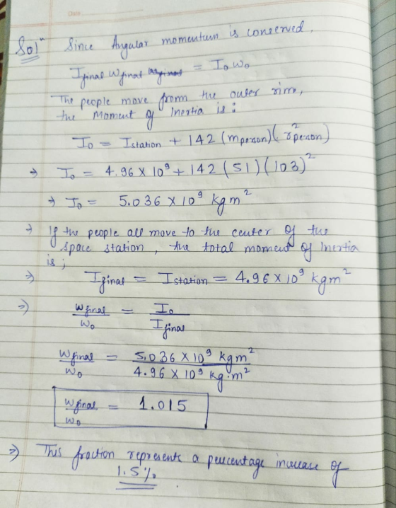 Since Angular momentum is conserved final Wfinal ring = Io wo The people move from the outer sim, the moment of Inertia is :
