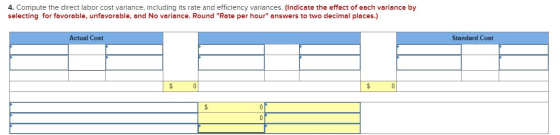 4. Compute the direct labor cost variance, including its rate and efficiency variances. (Indicate the effect of each variance