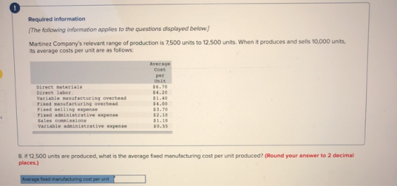 Required information The following information applies to the questions displayed below.) Martinez Companys relevant range o