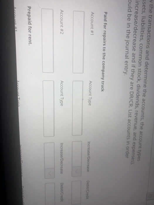 the transactions and determine the accounts, the account types ssets, liabilities, common stock, dividends, revenue, and expe