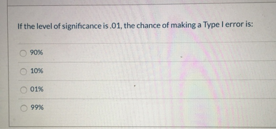 If the level of significance is .01, the chance of making a Type I error is: 90% 10% TO 01% 99%