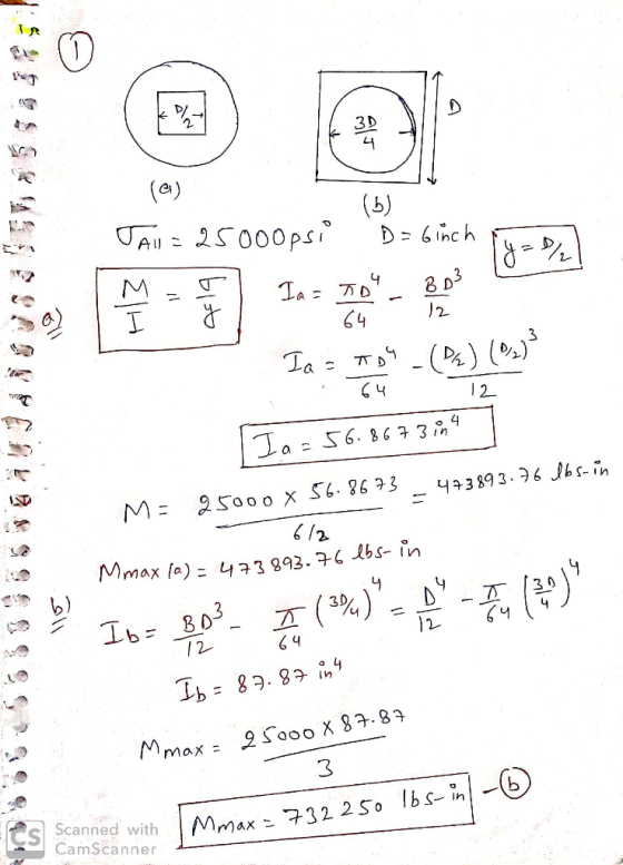 (en) Tall = 25000psi D= 6inch (y = / 64 2 Jaz 189 - (%) (0) In = 56.867304] M = 25000 x 56.8673_473893.76 lbs.in 6/2 Mmax (0)