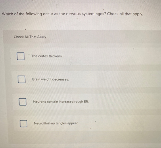 Which of the following occur as the nervous system ages? Check all that apply. Check All That Apply The cortex thickens. Brai