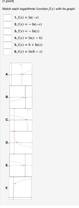 (point) Match each logarithmic function f(x) with its graph. 1.f(x) = ln(-x) 2.f(x) = - In(-x) 3.f(x) = - In(x) 4. f(x) = ln(