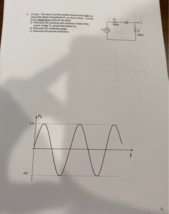 3. (15 pts) The input to the rectifier circuit on the right is sinusoidal signal of amplitude 4V, as shown below. Use the 0.7