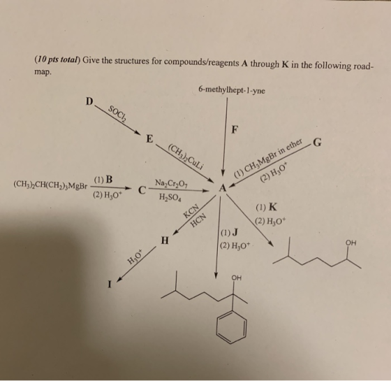 (10 pts total) Give the structures for compounds/reagents A through K in the following road- map. 6-methylhept-1-yne SOCIO c.