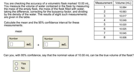 You are checking the accuracy of a volumetric flask marked 10.00 mL. Measurement| Volume (mL) You measure the volume of water contained in the flask by measuring the mass of the empty flask, the mass of the flask filled with water, taking the difference, correcting for the buoyancy factor, and dividing by the density of the water. The results of eight such measurements are given in the table 10.064 10.063 10.017 10.049 10.020 10.025 10.045 10.008 2 3 4 5 Calculate the mean and the 95% confidence interval for these measurements mean 7 8 Number Number mL+ Can you, with 95% confidence, say that the nominal value of 10.00 mL can be the true volume of the flask? O Yes O No