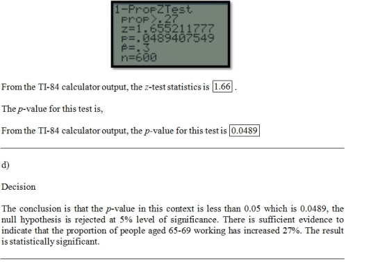 1-PropZTest prop.27 z=1.655211777 P=.0489467549 P=.3 n=6.a From the TI-84 calculator output, the z-test statistics is 1.66. T