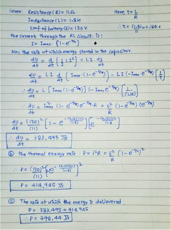 niven: Resis tance (R) 12 Here τ= L Inductance CL) I.8H emf of battery CE)= 130 V τ = 11.8)=0.164 s the current through the R