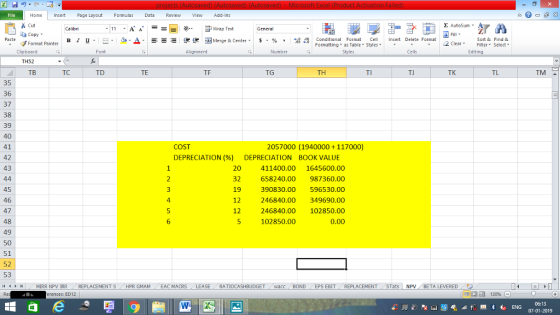 Home nert Page Layout Formulas Data Review View dd-Ins Cut Σ AutoSum ー E ゴWrap Text ta copy. в 1 프 . Ej-., Δ. : rーー 逻锂函Merge & Center. $, % , 弼,8 C Conditional Format CeInsert Delete Format Formatting as Table Styles2 Clear Sort &Find & Format Painter Clipboard Alignment Number Cells Edting TH52 TC TD TE TF TG TH TI TK TL TM 35 36 37 38 39 40 41 42 43 COST 2057000 (1940000 + 117000) DEPRECIATION(%) DEPRECIATION 20 32 19 12 12 BOOK VALUE 411400.00 1645600.00 658240.00 987360.00 390830.00 596530.00 246840.00 349690.00 246840.00 102850.00 102850.00 45 46 47 48 49 50 51 52 53 (4 トト 0.00 , MIRR NPV İRR REPLACEMENT S HPR GMAM EAC MACRS LEASE- RATIOCASHBUDGET / wacc . BOND EPS EBIT , REPLACEMENT (STats | NPV . BETA LEVERED 9う - - rences: ED12 福 130% 06:13 07-01-2019