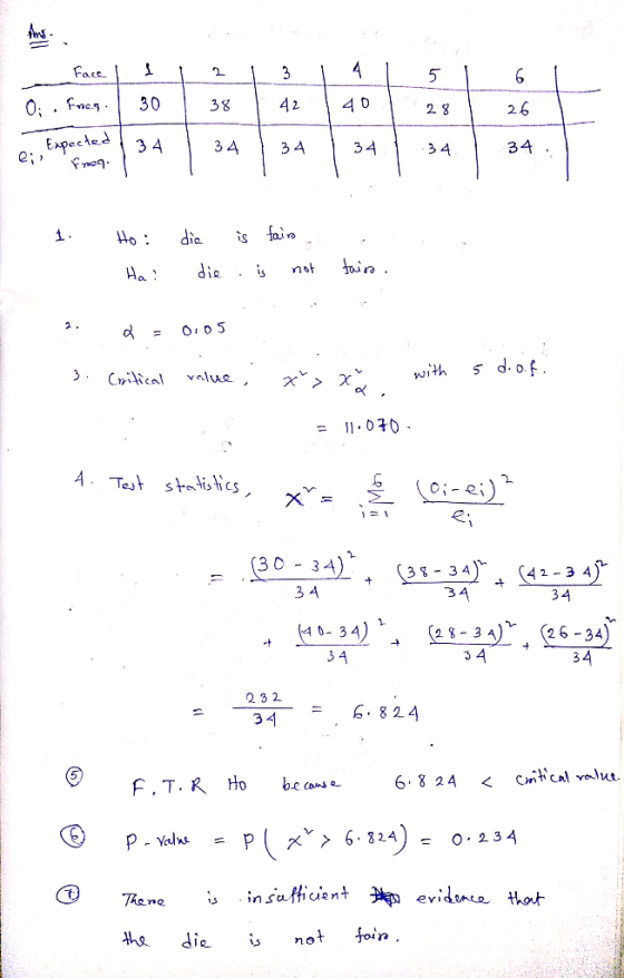 Face 3 30 42 38 26 2 8 Expected 34 34 3 4 34 34 3 4 die fain die not Ha 2. s d.of with Cical value 11.070 A Test statis ties