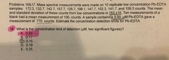 Problems 16&17. Mass spectral measurements were made on 10 replicate low concentration Pb-EDTA samples: 172.3, 132.7, 142.7,