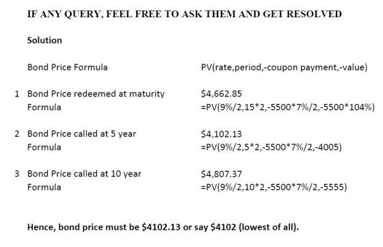 IF ANY QUERY, FEEL FREE TO ASK THEM AND GET RESOLVED Solution Bond Price Formula PV(rate,period,-coupon payment, -value) 1 Bo