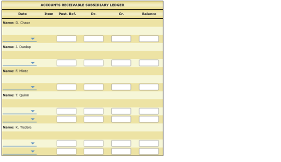 ACCOUNTS RECEIVABLE SUBSIDIARY LEDGER Item Post. Ref. Dr. Cr. Date Balance Name: D. Chase Name: J. Dunlop Name: F. Mintz Name